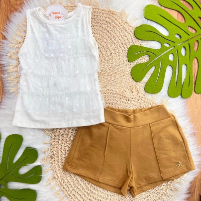 Conj. Regata com Tule de Corações e Short - Off White e Marrom